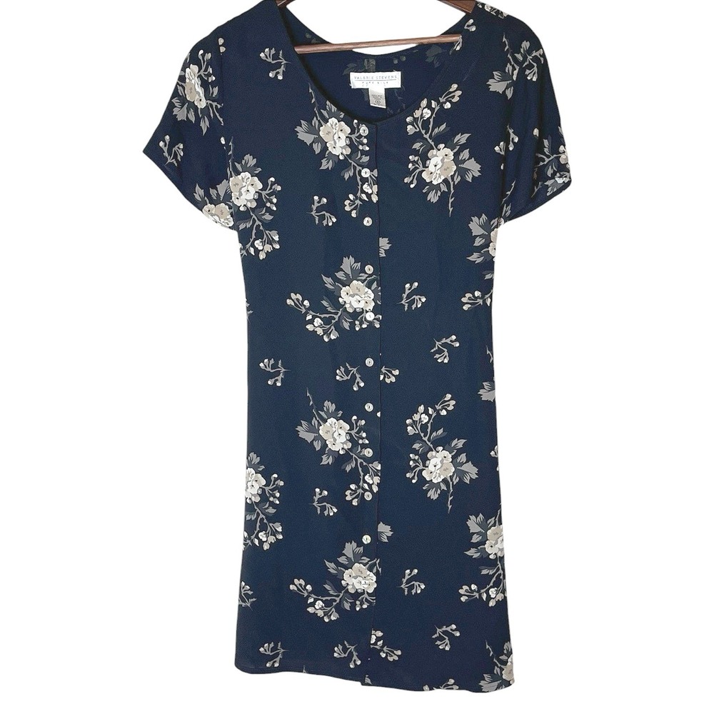 Valerie Stevens Pure Silk Floral Button Front Tie Back Dress Black White Size 6